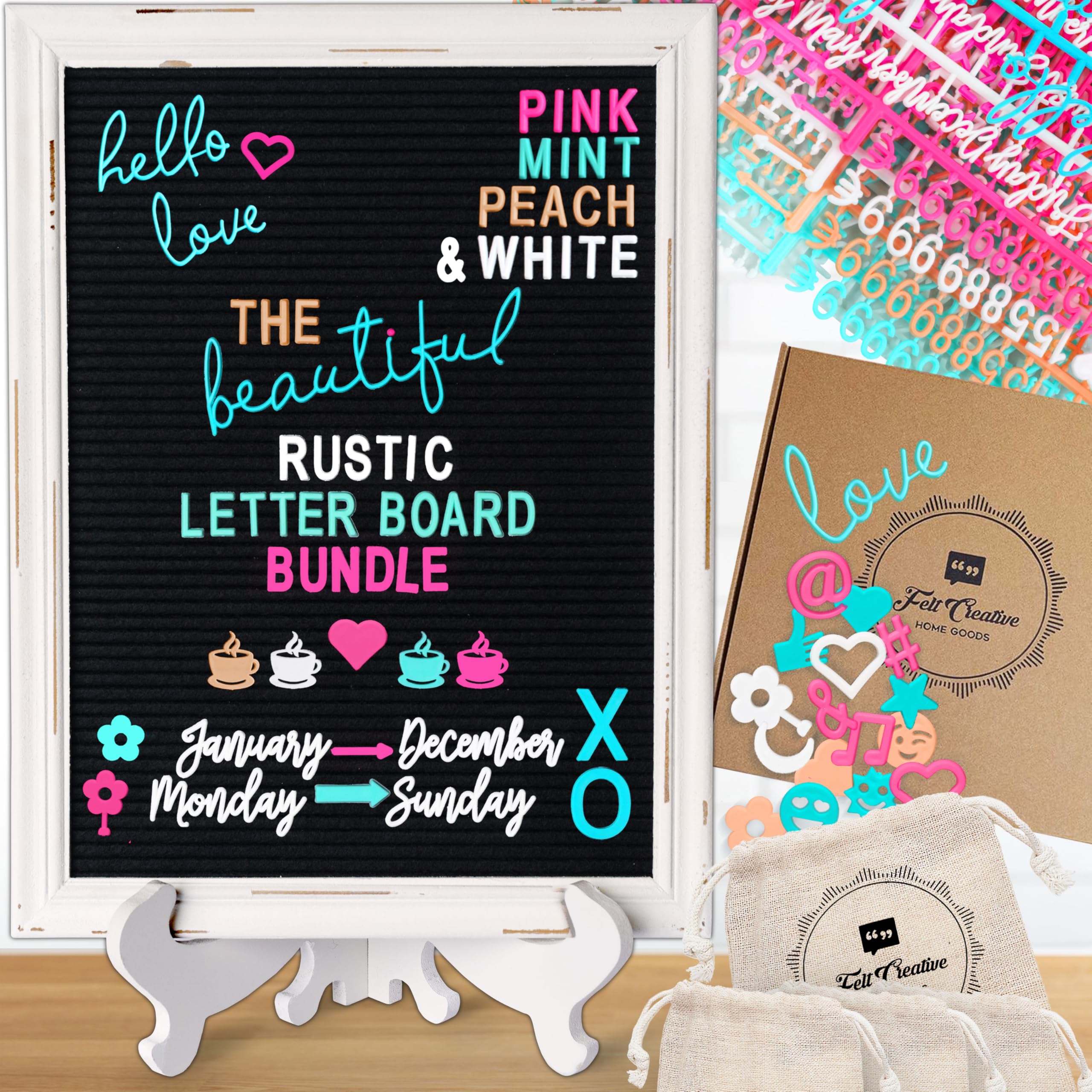 Rustic Felt Letter Board Ultimate Bundle Farmhouse Vintage White Wood Frame and Stand by Felt Creative Home Goods Changeable Message Memo Board 800+ Letter Set and Custom Easel (Black, 12x16 Inches)