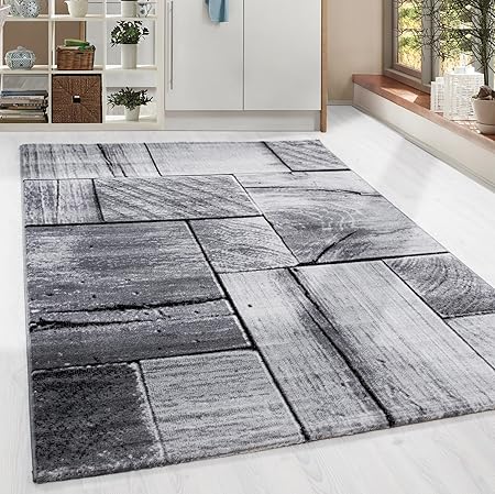 HomebyHome Moderner Design Holzstrucktur Guenstige Teppich Kurzflor Schwarz Grau meliert 5 Groessen Wohnzimmer Gästezimmer, F