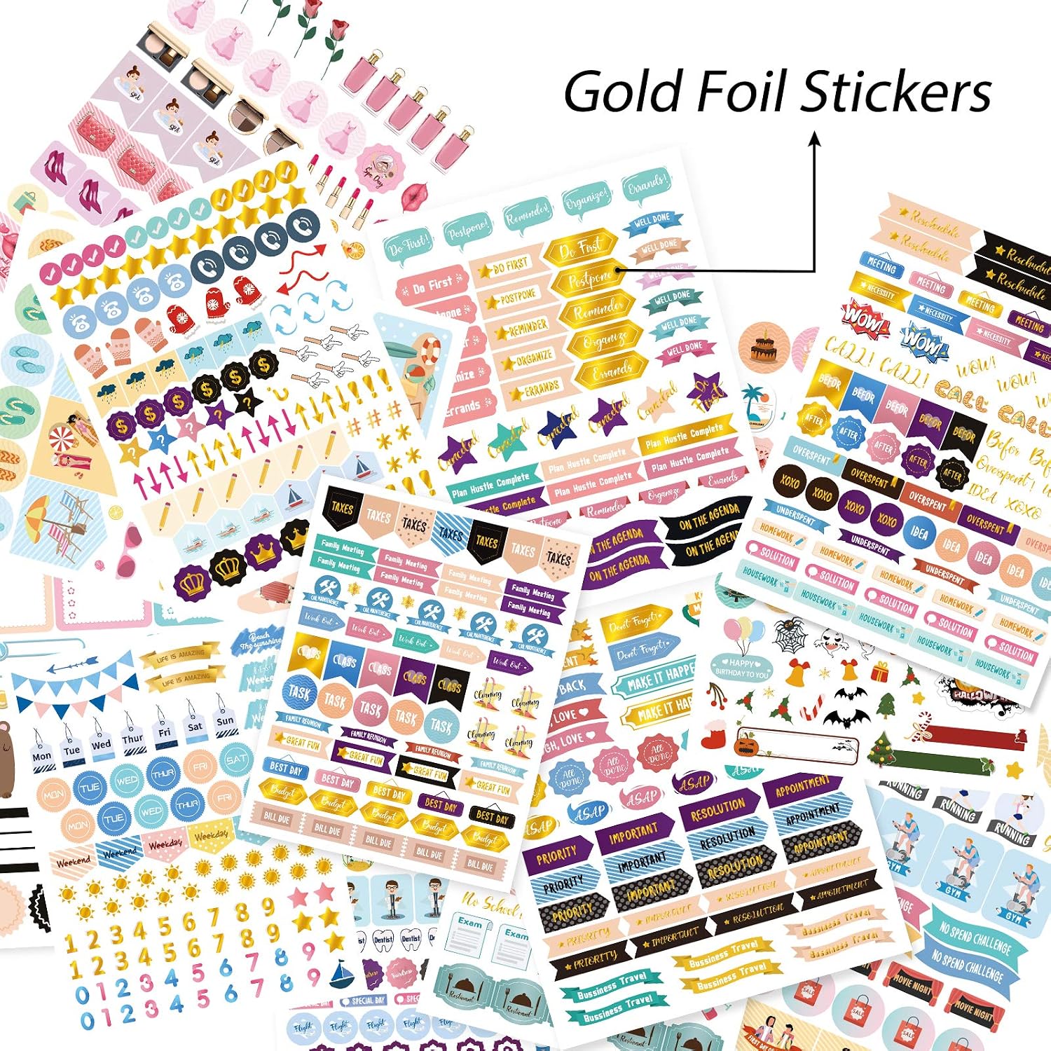Mokani Gold Foil Planner Stickers, 1150+ Cute Colorful Stickers (21 Sheets) for Calendar Planner, Journal - Image 3
