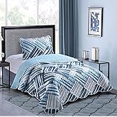 Brilliant Sunshine Blue and Grey Stripe Blocks Patchwork, 2-Piece Quilt Set with 1 Sham, Reversible Bedspread, Soft Lightweight Coverlet, All-Season, Twin, Blue Grey