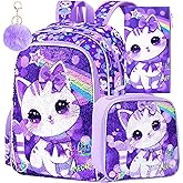 CCJPX 16" Cat Backpack for Girls, 3Pcs Kids Preschool Bookbag, Cute Water Sequin Resistant School Bag for Teen Kindergarten Toddler (Purple)