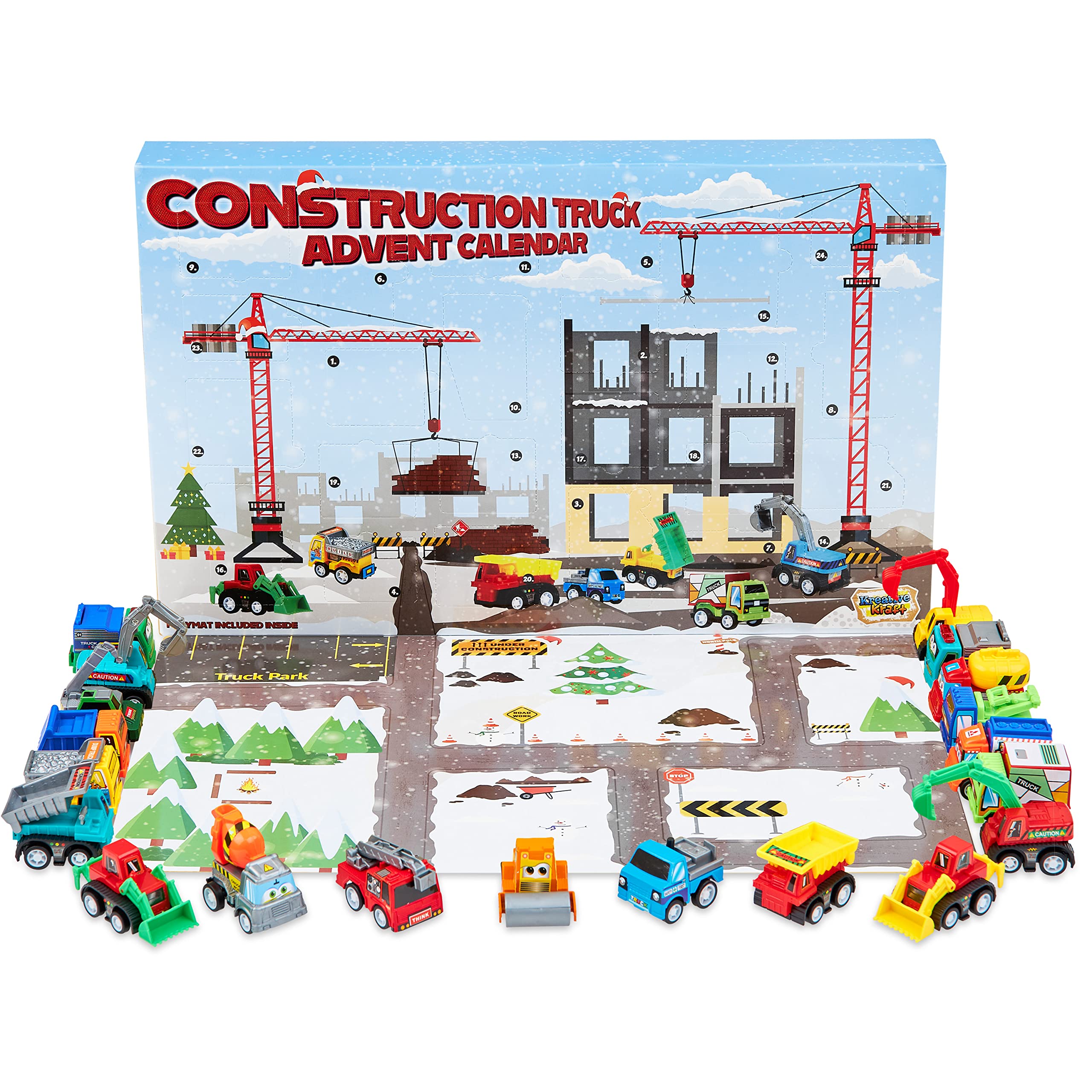 KreativeKraft Advent Calendar 2025 for Kids Toys Christmas Countdown Calendar Collectable Diecast Mini Toy Cars or Construction Trucks (Construction Trucks)