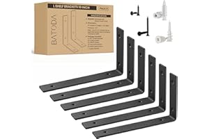 BATODA 10” Heavy Duty Shelf Brackets (6pcs) - L Shelf Brackets Black - Hook Brackets for Floating Shelves - Wall Mounted Support for DIY Open Shelving – Shelving Mounting Hardware Included (Pack 6)