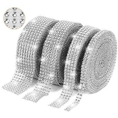 Lamoutor 1 Roll 2 Row 10 Yard, 1 Roll 4 Row 10 Yard, 1 Roll 6 Row 10 Yard da 1 Roll 8 Row 10 Yard Rhinestone Ribbon Diamond Bling Ribbon Wrap for Bikin Aure, Jam'iyya (Azurfa, 4pcs)
