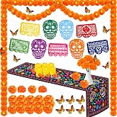 74Pcs Dia De Los Muertos Ofrenda Decoration Day of the Dead Altar Decor Kit | Papel Picado Banner,Marigold Flowers,Marigold Garland,Butterflies,Candles,Table Runner for Indian Diwali and Holiday Decor