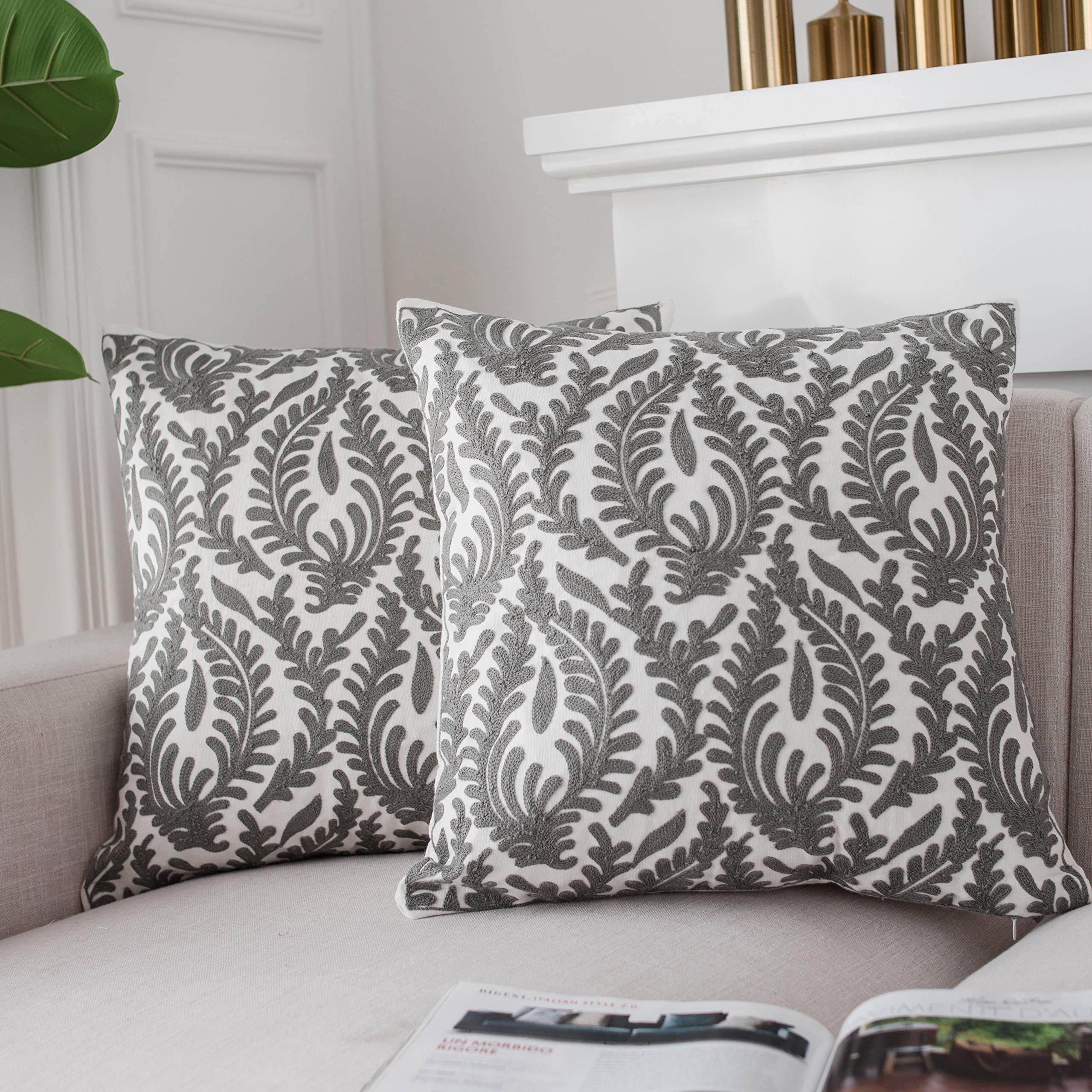 LIFONDER Cotton Canvas Decorative Pillow Covers Embroidery Cushion Cover Pillow Shams for Sofa/Couch/Bed, 18x18 Inches, Gray, 1 Pair