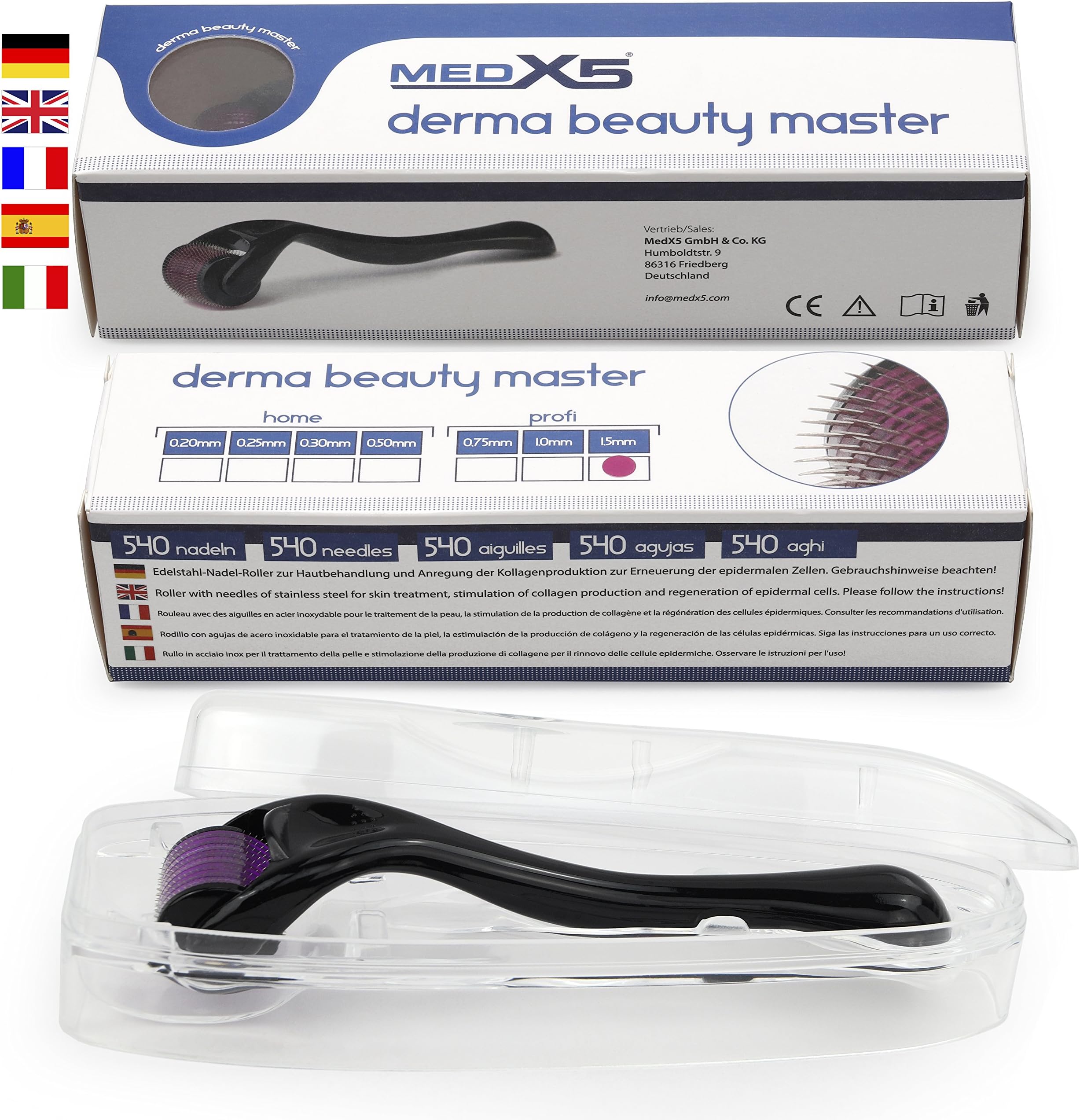 MedX5 (Upgrade 2019) 1,5mm Dermaroller (540 stainless steel needles), Derma roller against deep scars and cellulite, Medical Device Class I with CE