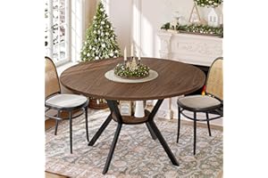Round Dining Table for 4, 42" Farmhouse Wooden Kitchen Table with Storage Shelf, Space Saving Circle Dinner Table, Rustic Kit