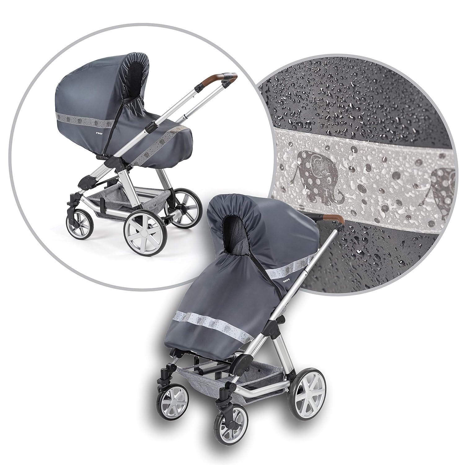 reer DesignLine RainSafe Classic+ Regenschutz für Kombi-Kinderwagen mit Reißverschluss, Reflektoren und Aufbewahrungstasche