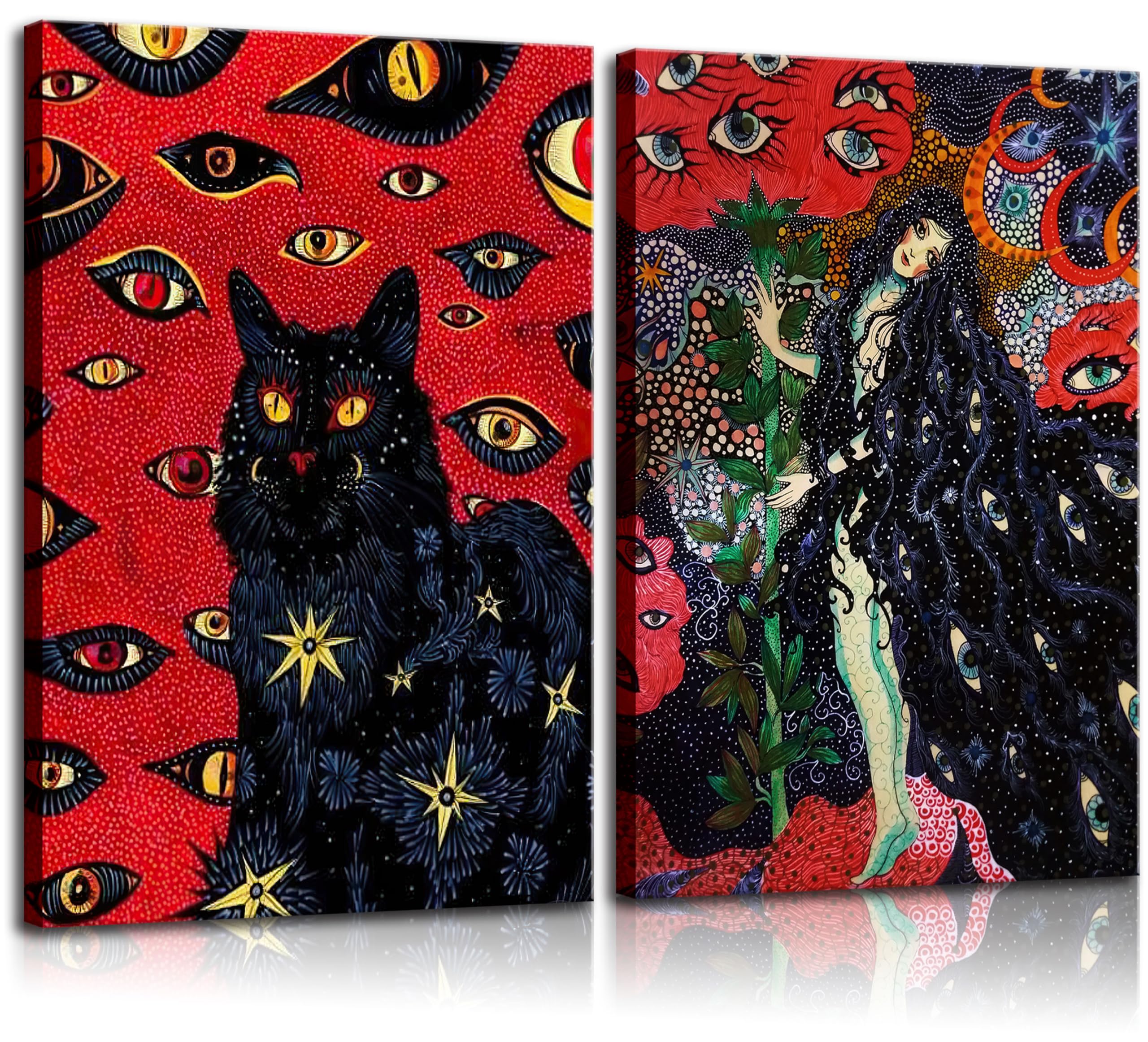 Photo 1 of 2 Pcs Framed Black Cat Cohen Hippie Psychedelic Retro Cool Girl Wall Art Mystical Animal Eyes Stars Canvas Print Art Poster Cat Lover Wall Decor Pictures Bedroom Living Room Teen Dorm Decor