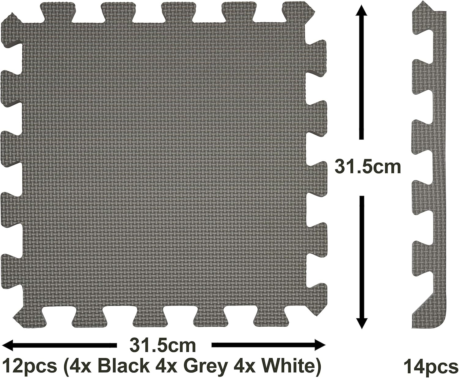 Edukit Foam Mats ; 12 Pieces and 14 Edges; 30.5 x 30.5cm; Black, Grey, White - Non-Slip Interlocking Puzzle Floor Tiles for Home, Gym, Playroom - Image 3