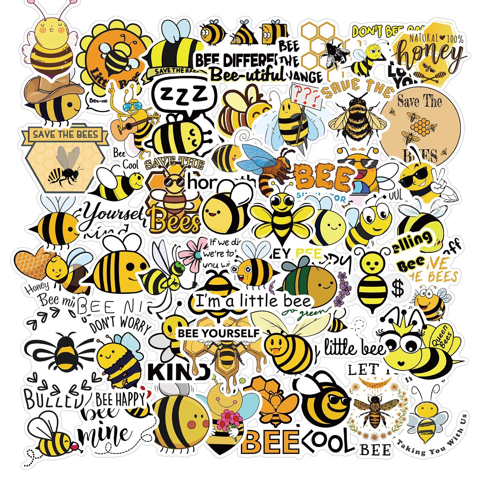 Hardworking Bee Stickers - 50 PCS Vinyl Waterproof for Laptop, Skateboard, Water Bottles, Computer, Bumper, Phone, Car - Cute Kawaii Animals Decals for Adults, Kids, Teens