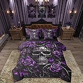 Erosebridal Sugar Skull 7 Pcs Comforter Set Queen,Purple Rose Floral Bedding Set for Kids Boys Girls Teens Adults,Gothic Skeleton Bed in a Bag,Exothic Hippie Horror Bed Sets with Sheet Set