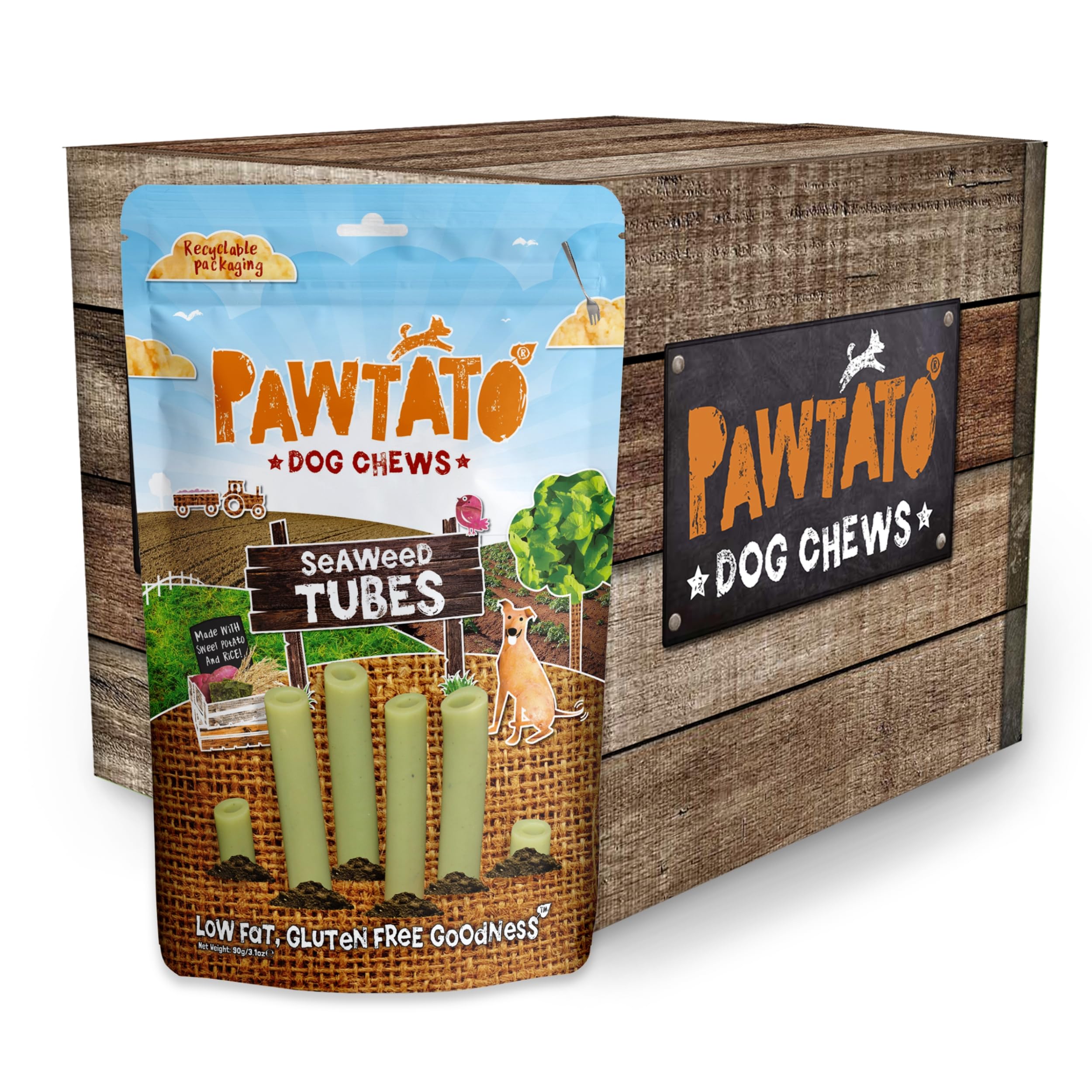 Pawtato Sweet Potato & Seaweed Tubes (12 x 90g) ❘ Delicious Chew Sticks For Dogs, Infused With Mineral Rich Seaweed For A Healthy Vegan Rawhide Alternative, Dog Chews For Fussy Eaters, High Protein