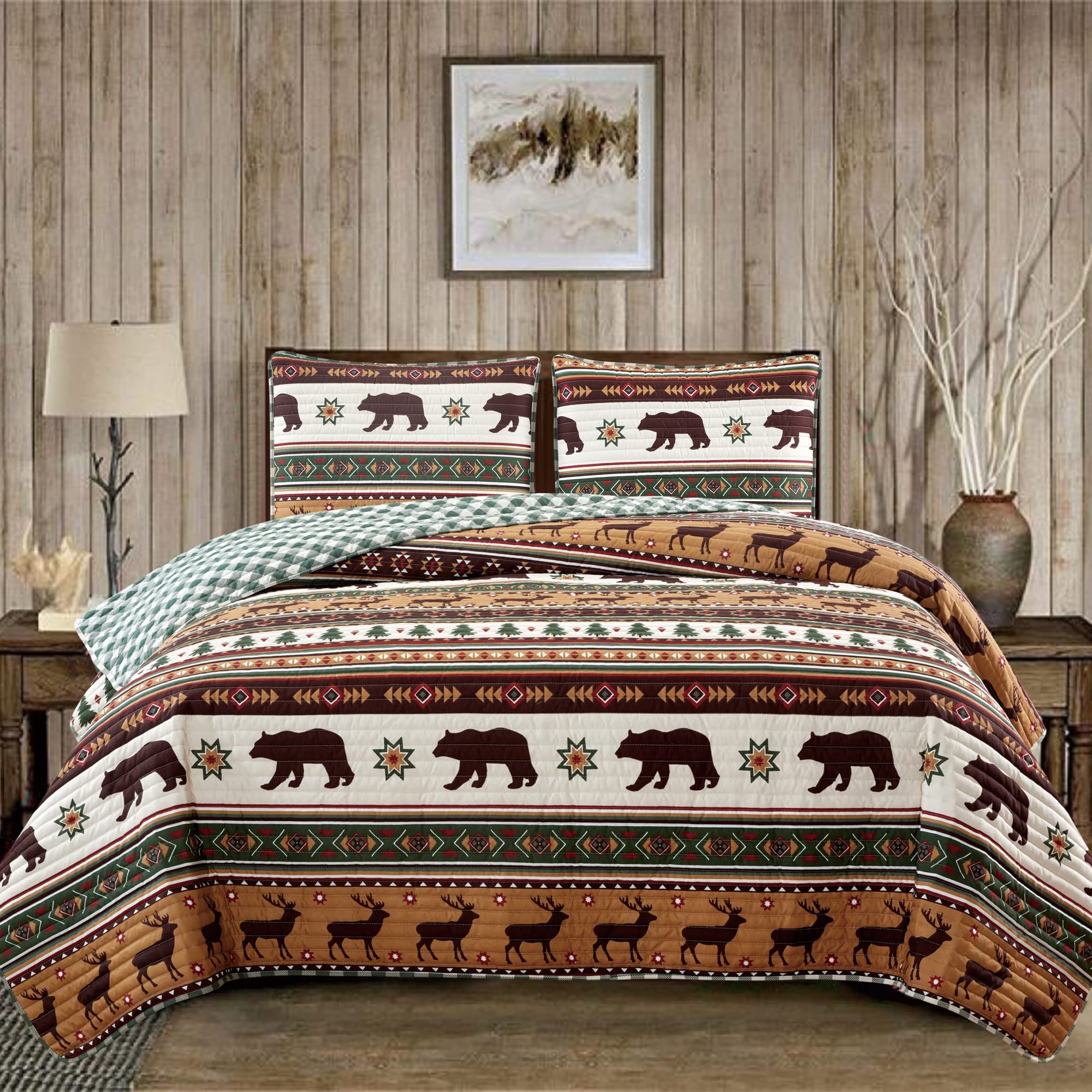 Photo 1 of Market & Place 3 Piece Reversible Quilt Set with Shams | Cabin Comforter Bedspread Queen | Rustic Lodge Buffalo Check Design | Cedar Creek Collection (Full/Queen, Green/Taupe)