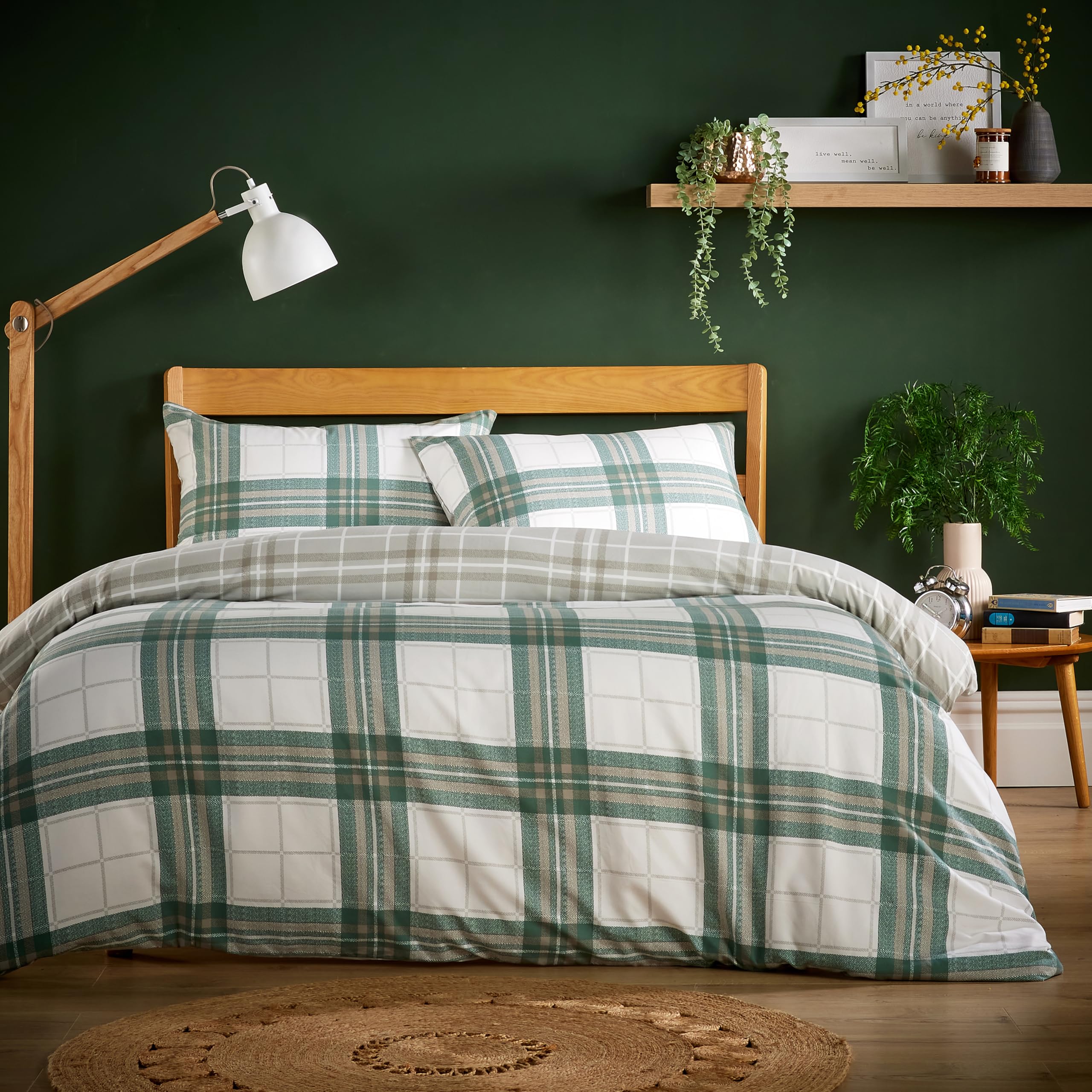 Olivia Rocco Super Soft Flannel Duvet Cover Set Quilt Bedding Covers with Pillowcases Luxurious Colourful Checked Printed Design Reversible Pattern for Comfort Sleep, Alba Sage Green King — image 1