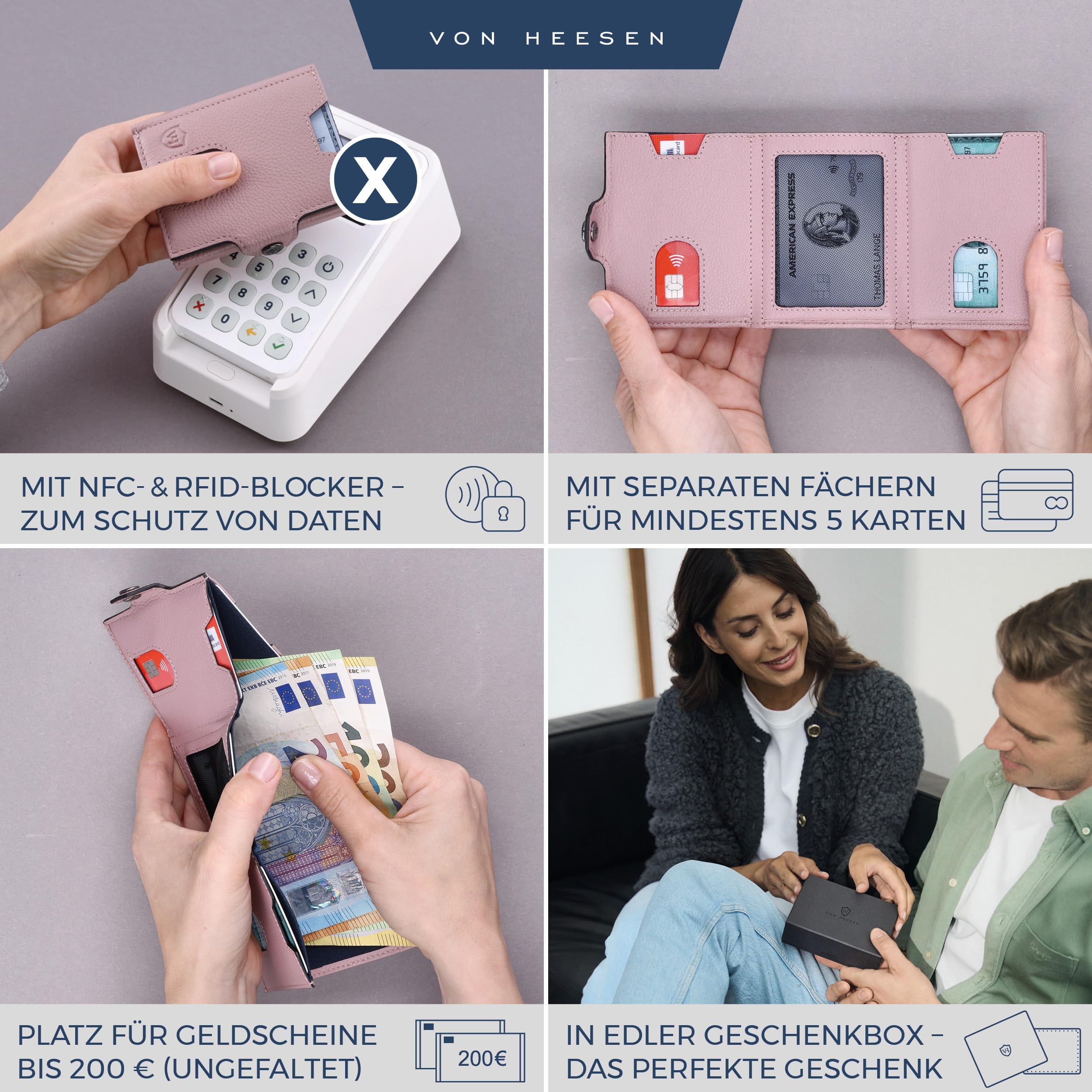 VON HEESEN Slim Wallet mit XL Münzfach & RFID Schutz - Leder Geldbörse Herren klein - Mini Geldbeutel Damen Portmonee - Kartenetui Echtleder Karten Portemonnaie - Kreditkartenetui Lavendel 2