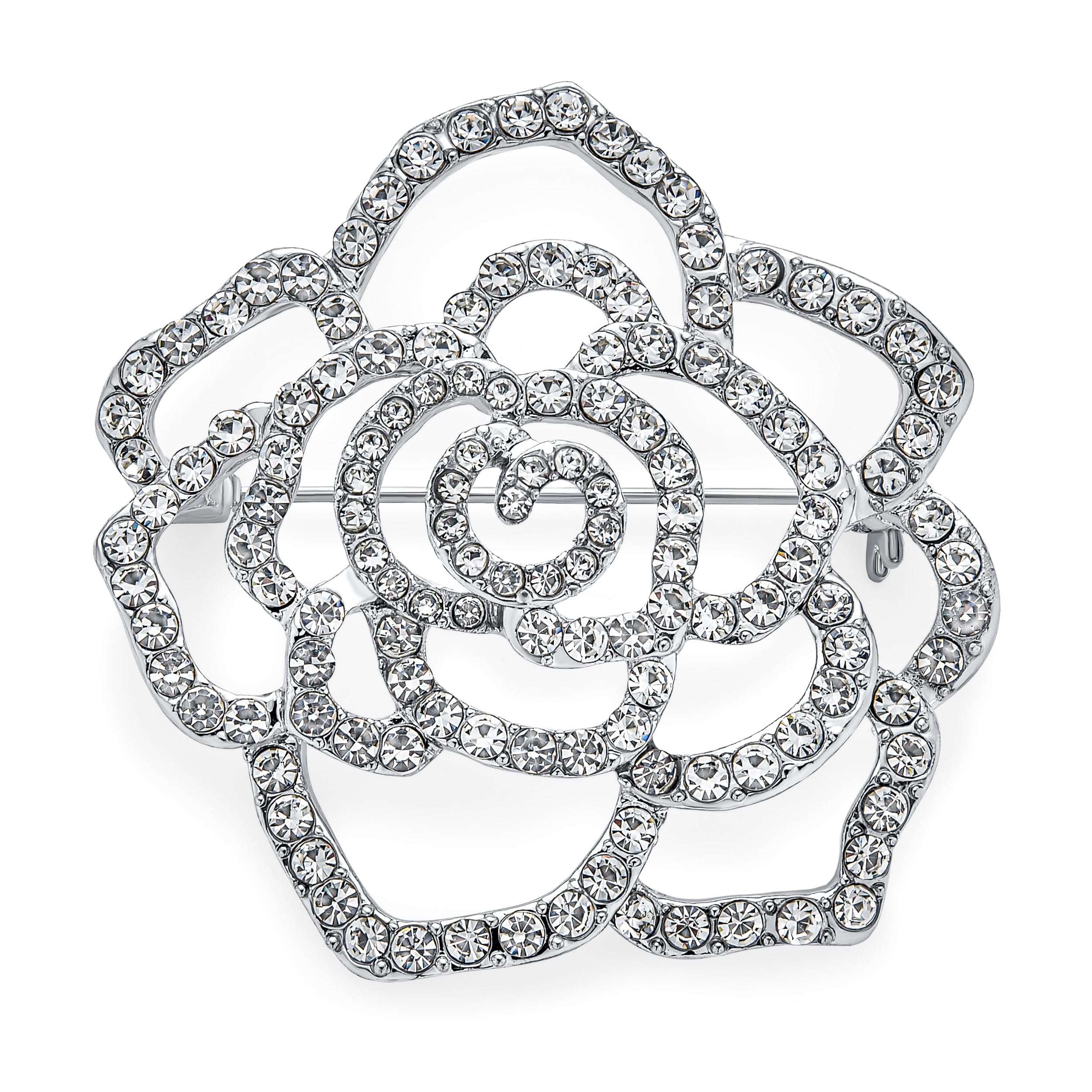 Big Fashion Statement Sparkling Party Rose Flower Shape Open Pave Crystal Wedding Brooch Scarf Pin For Women Silver Tone Rhodium Plated