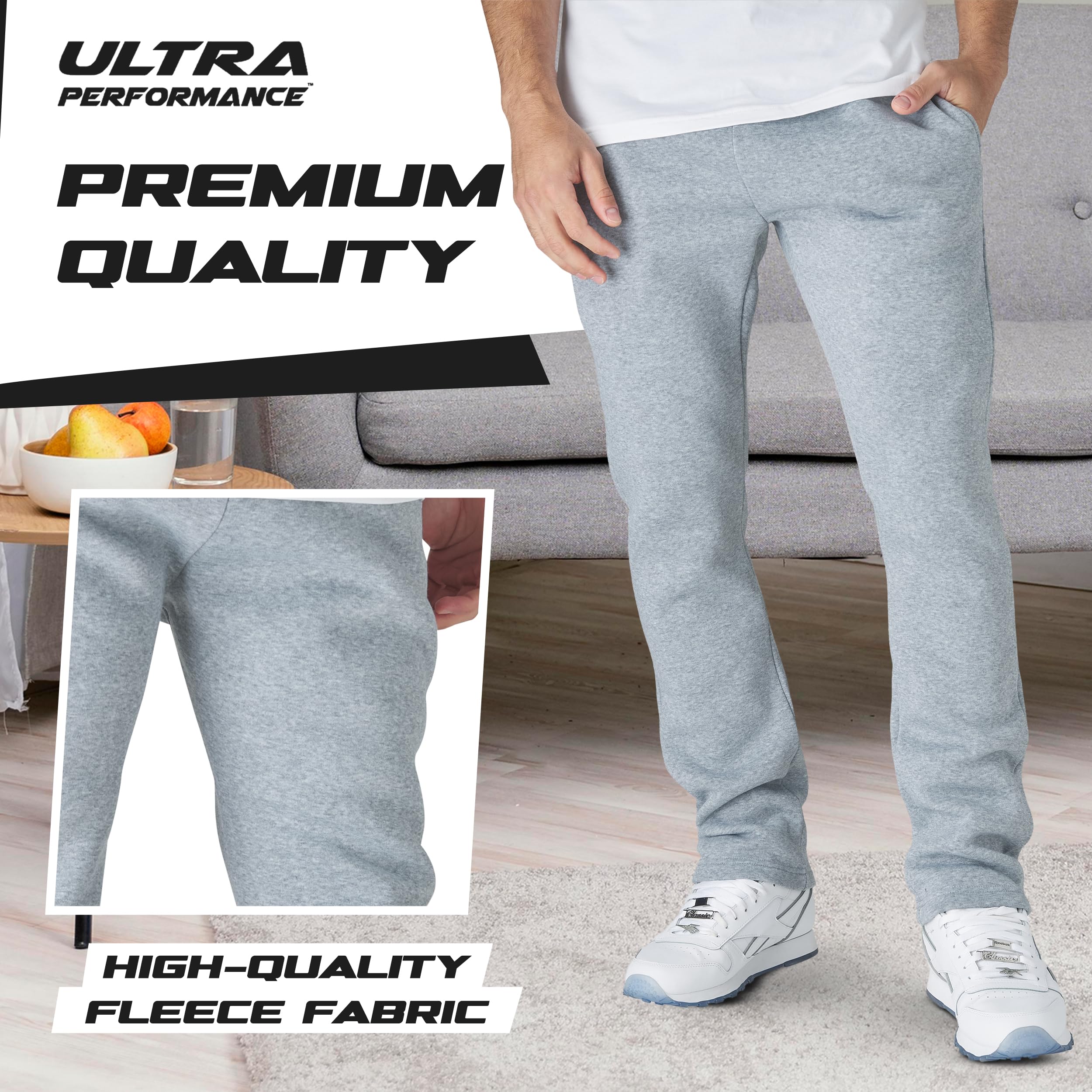 Ultra Performance 3 Pack Mens Fleece Wide Leg Sweatpants with Pockets, Open Bottom Workout Sweatpants for Men