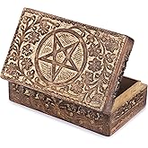 Ajuny Wooden Hand Carved Decorative Jewelry Box with Star Circle Carvings Vintage Keepsake Storage Organizer Travel Treasure Chest Trinket Holder Case Great Gifts 8x5 Inch