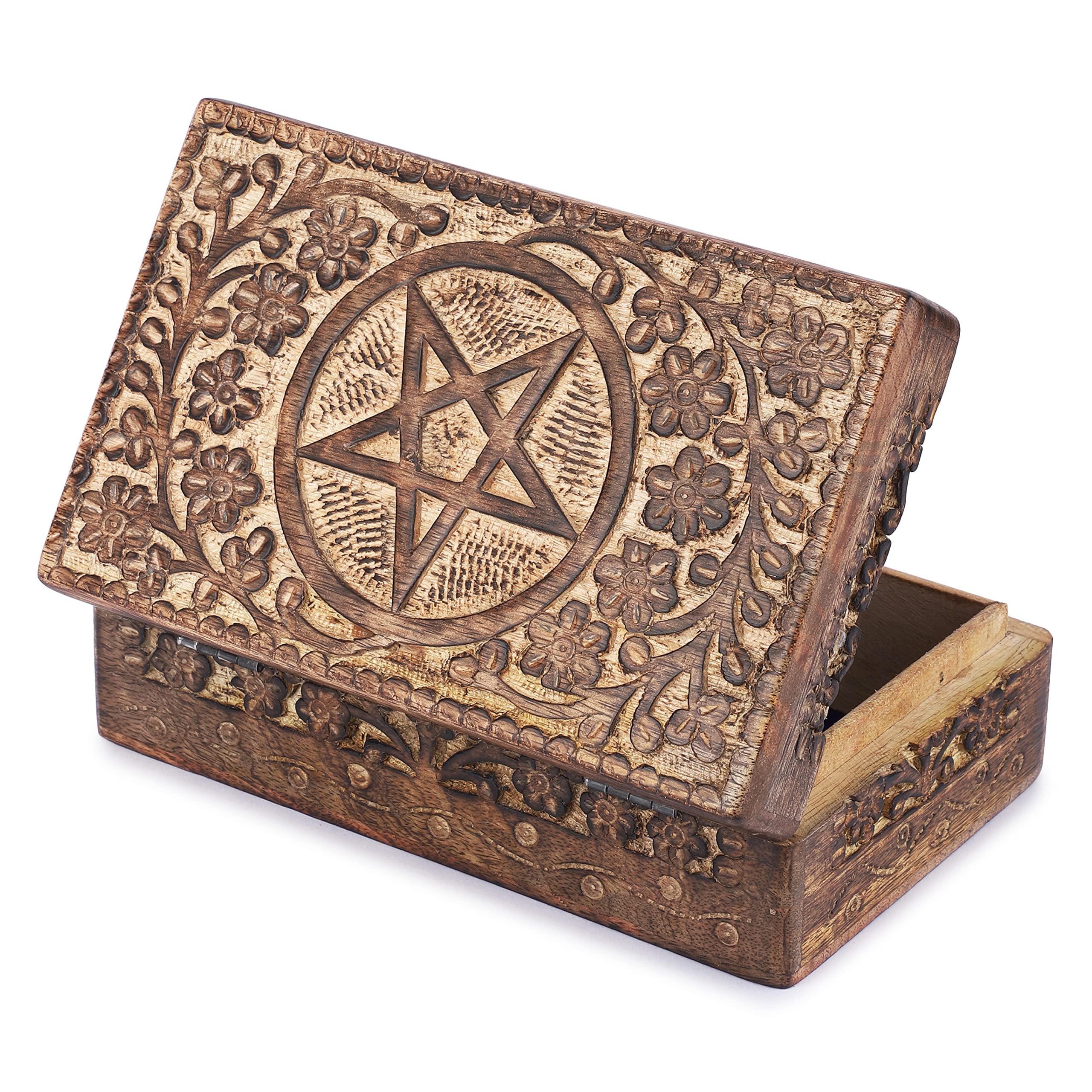 Ajuny Wooden Hand Carved Decorative Jewelry Box Star Circle Carvings Vintage Keepsake Storage Organizer Travel Treasure Chest Trinket Holder Case Great Gifts 8x5 Inch