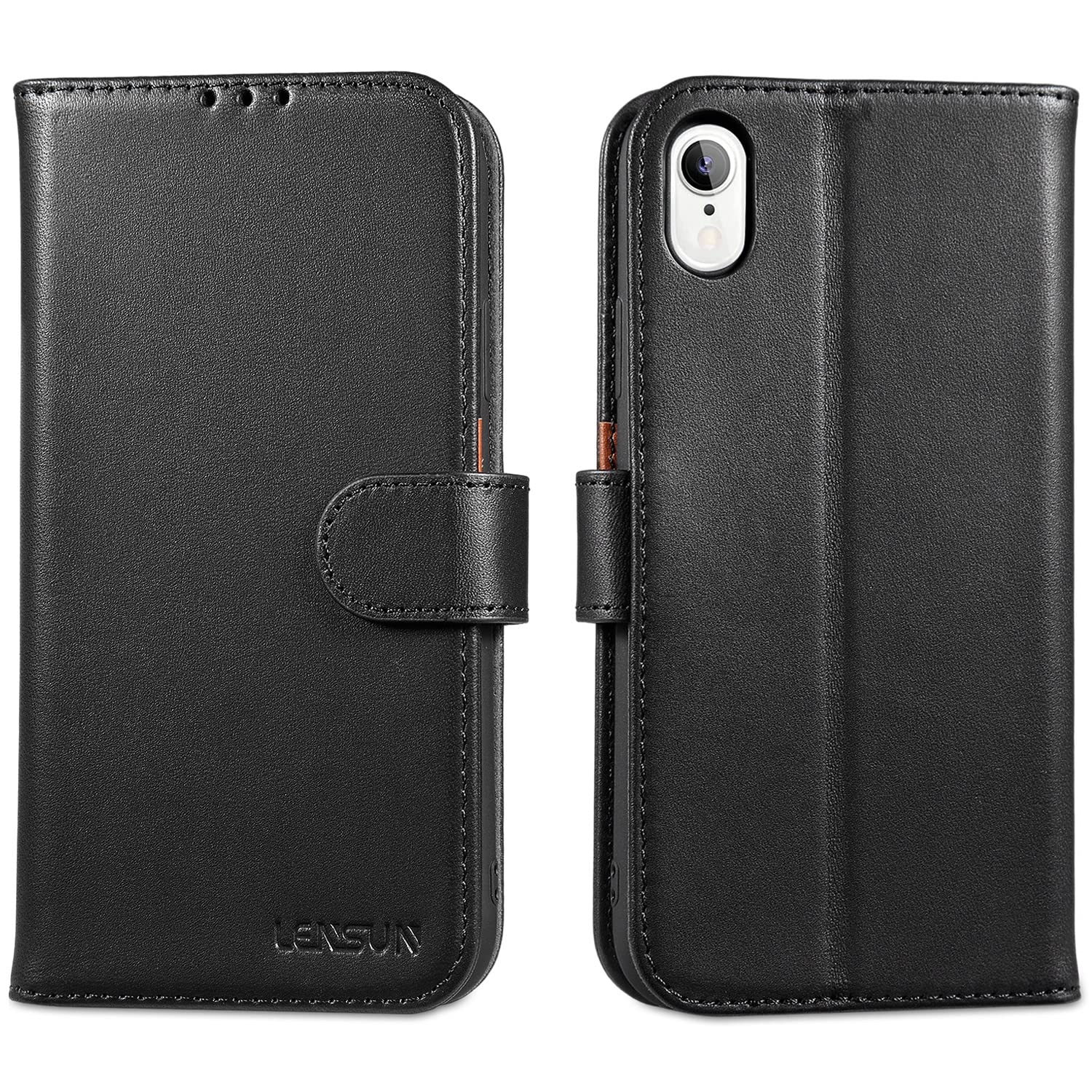 LENSUN Flip Case for iPhone XR, Genuine Leather Wallet Phone Cover Folio [RFID Blocking] with Card Holder and Magnetic Closure Compatible with Apple iPhone XR - Black