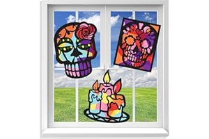 VHALE Suncatchers Craft 3 Sets (9 Cutouts) w Tissue Papers Stained Glass Effect Paper Sun Catcher Kit, Window Art, Classroom Crafts, Creative Art Projects, Kids Party Favors (Day of The Dead)