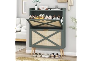 jmhdyg Farmhouse Shoe Cabinet, Hidden Shoe Storage with 2 Flip Drawers, Narrow Wooden Shoe Organizer, Slim Freestanding Shoe Rack for Entryway, Green