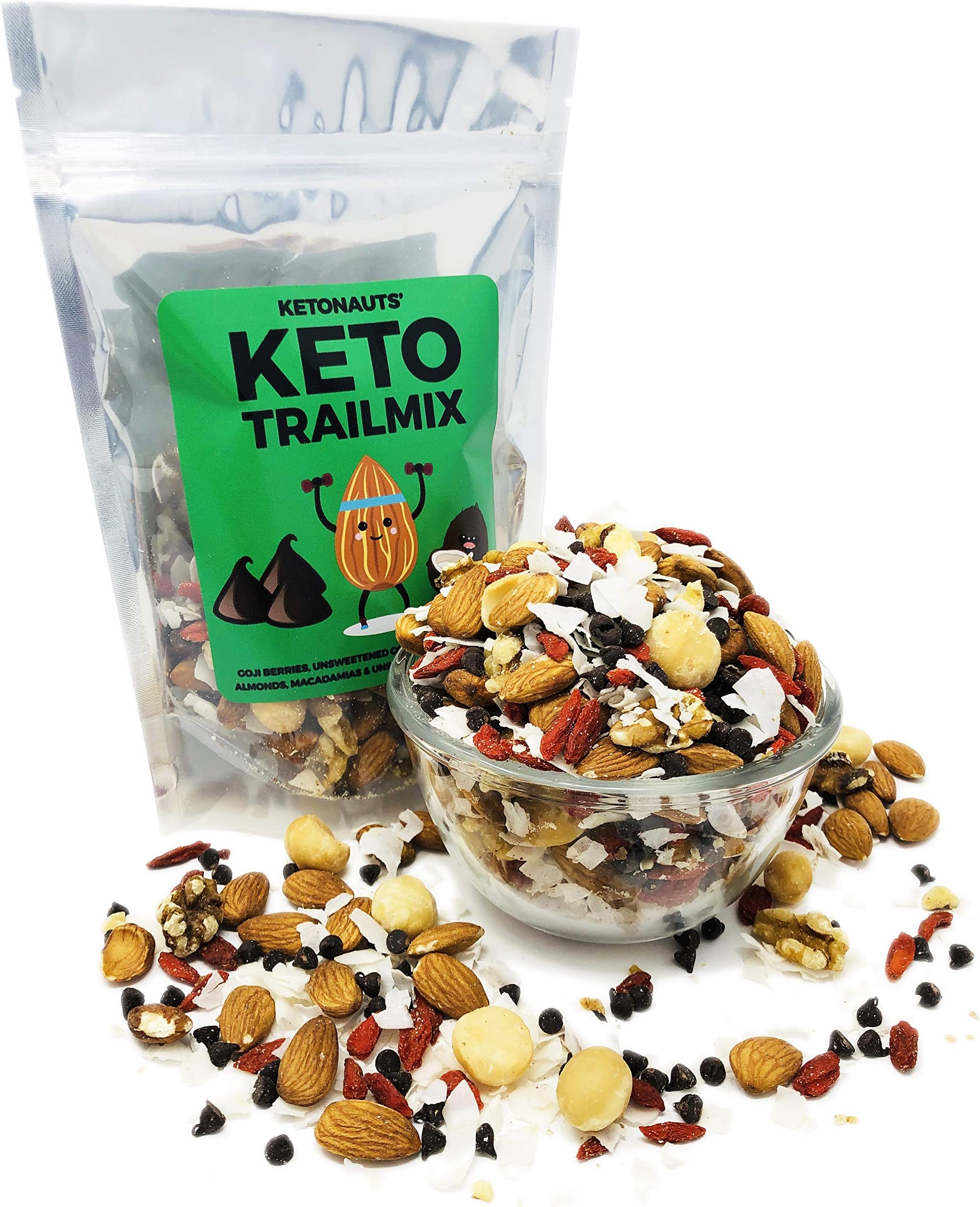 Ketonauts' Keto Trail Mix with High Fat Nuts. Perfect Snack for Ketogenic, Paleo, Atkins, Low Carb & Diabetes Diets (Goji Berries, Almonds, Walnuts, Macadamias, Unsweetened Coconut & Chocolate Chips)