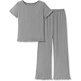 Beezizac Girls Pointelle Knit Lettuce Trim Pajama-Cute Floral/Cherry/Bow Tee & Flared Wide-Leg Pants 2-pc PJs Sizes 6-18