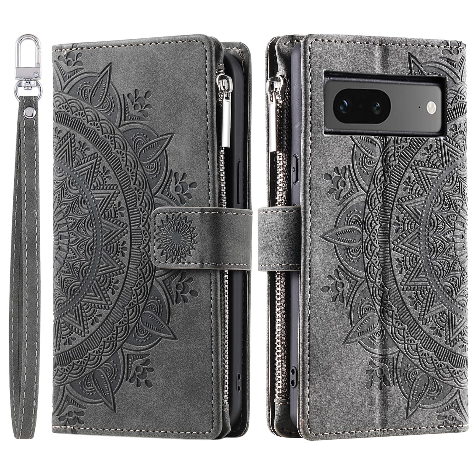 VEEMOS Wallet Case for Google Pixel 7 Flower Flip Case Protective Leather Folio Book Phone Cover with Card Slots Kickstand Zipper Pocket - Grey