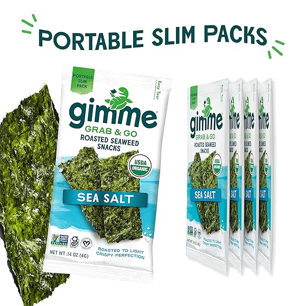 GIMME SEAWEED GRAB & GO ORGANIC PREMIUM ROASTED SEAWEED SNACKS, SEA SALT, 5 COUNT TRAYLESS, KETO, VEGAN, GLUTEN-FREE, GREAT SOURCE OF OMEGA3S AND IODINE, HEALTHY ON-THE-GO SNACK FOR KIDS AND ADULTS