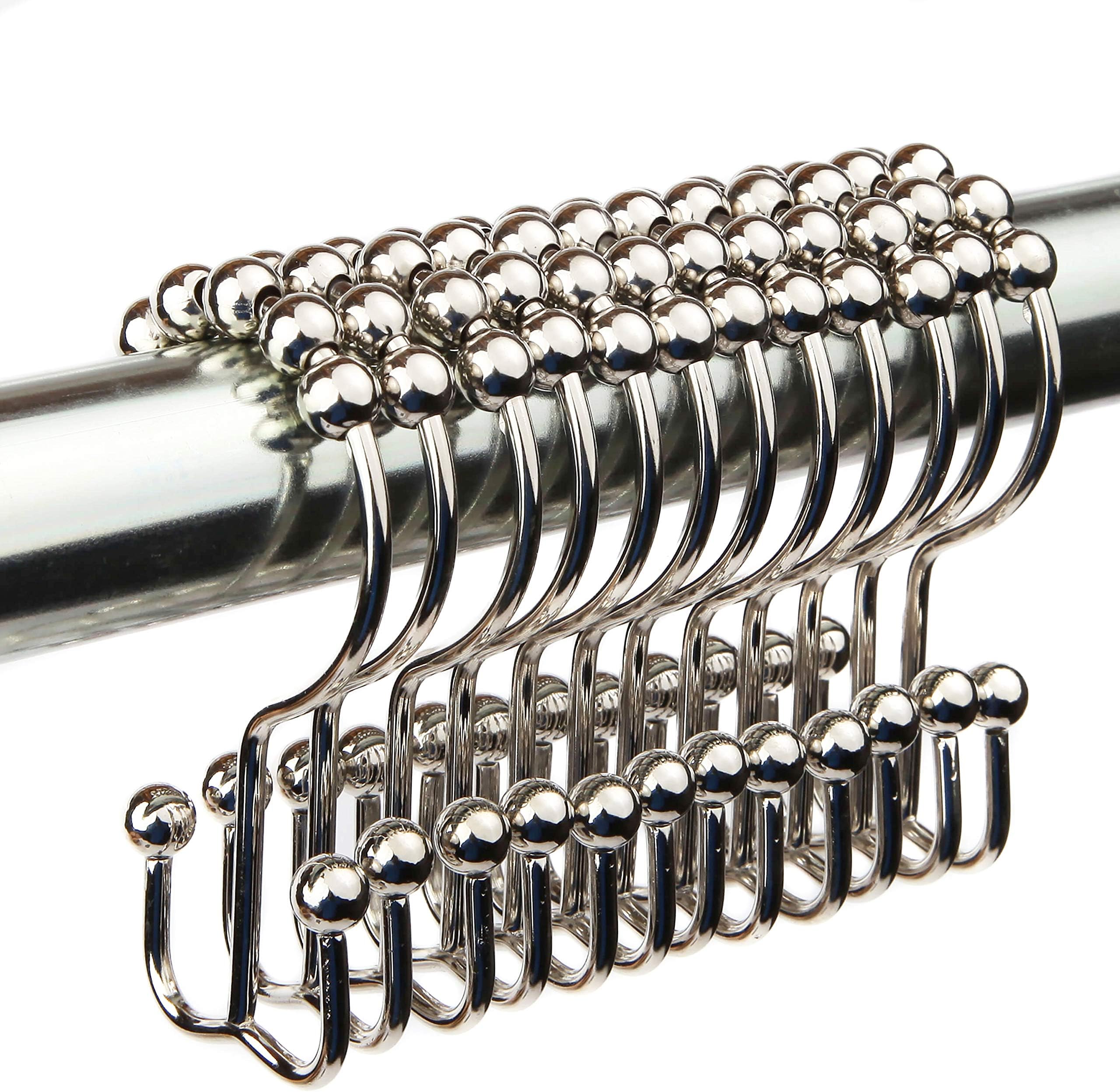 Nikkouware Shower Curtain Hooks, Hangs Both Shower Curtain and Liner Separately, No More Snagging and Pulling the Curtain with Easy Glide Heavy Duty Rollers, Polished Chrome, Set of 12