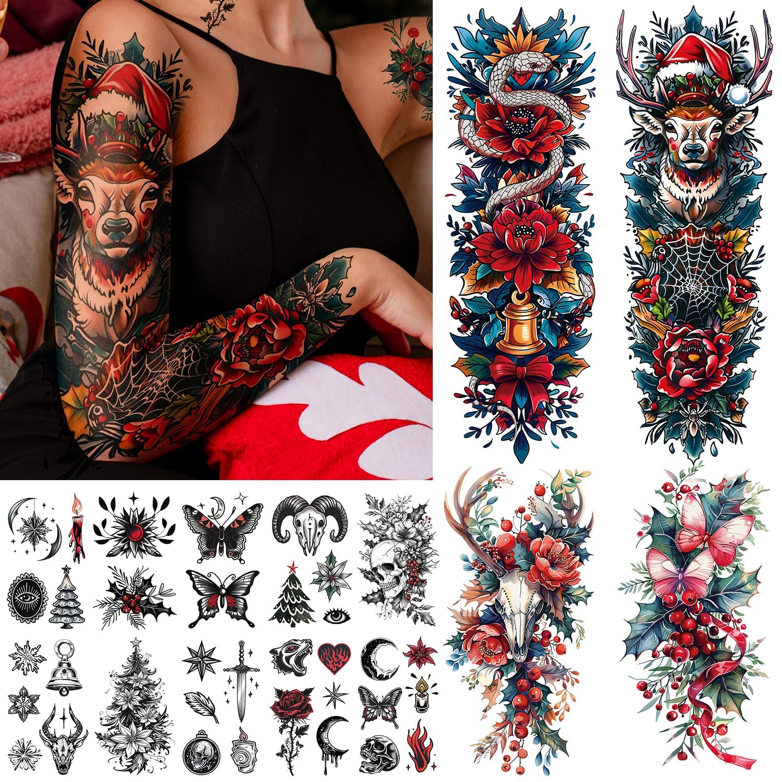 Acevegue Christmas Temporary Tattoos for Women, 16 Sheets 3D Transfer Tattoos Sleeves for Adults Christmas Decorations, Flower/Christmas Tree/Xmas Hat/Butterfly Fake Tattoo Stickers
