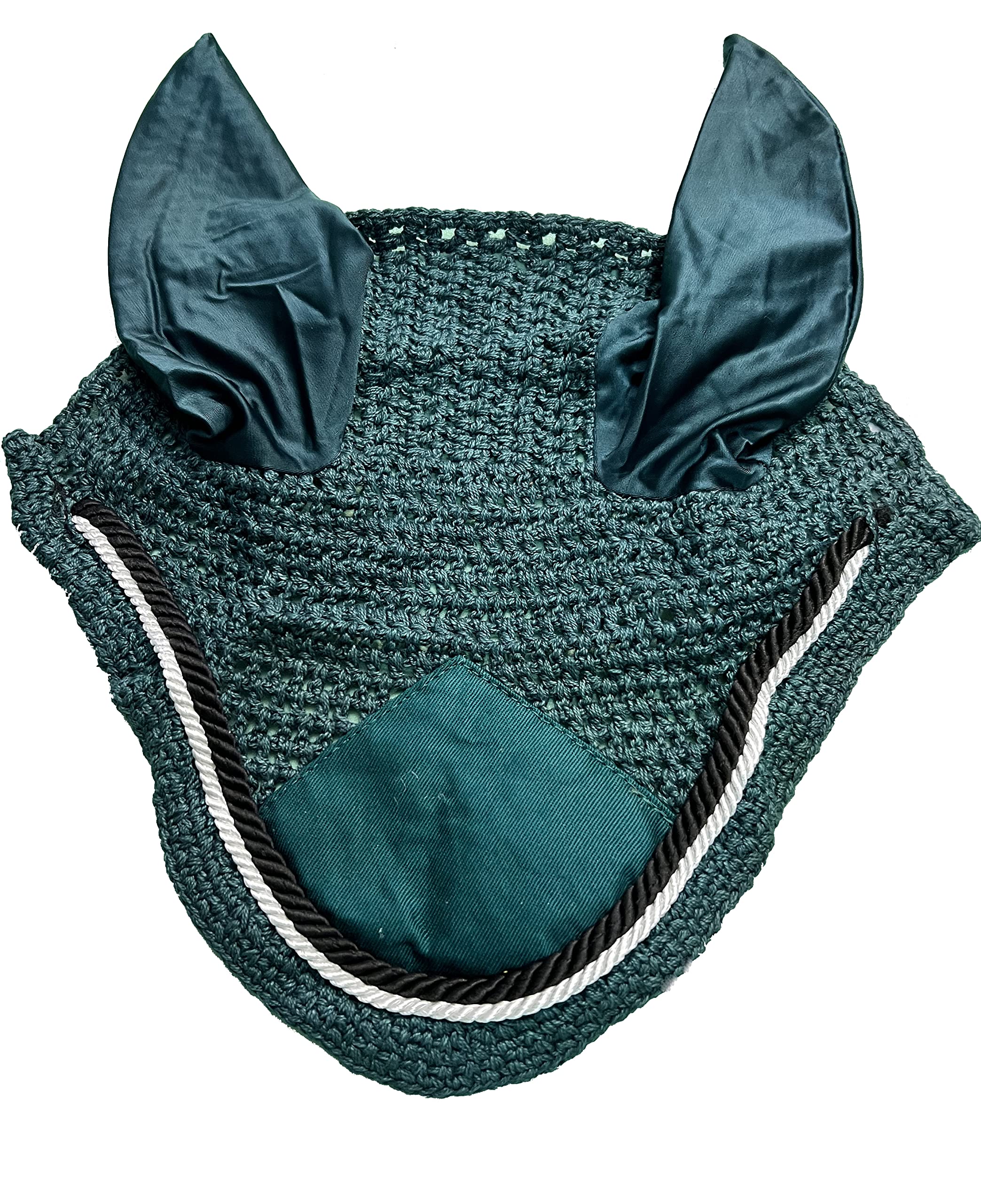 Spire Horse Soft Crochet Fly Veil Breathable Cotton Ear Net Hood Horse fly Control Masks Protector Bonnets (Pony, Dark Green/Black-White)