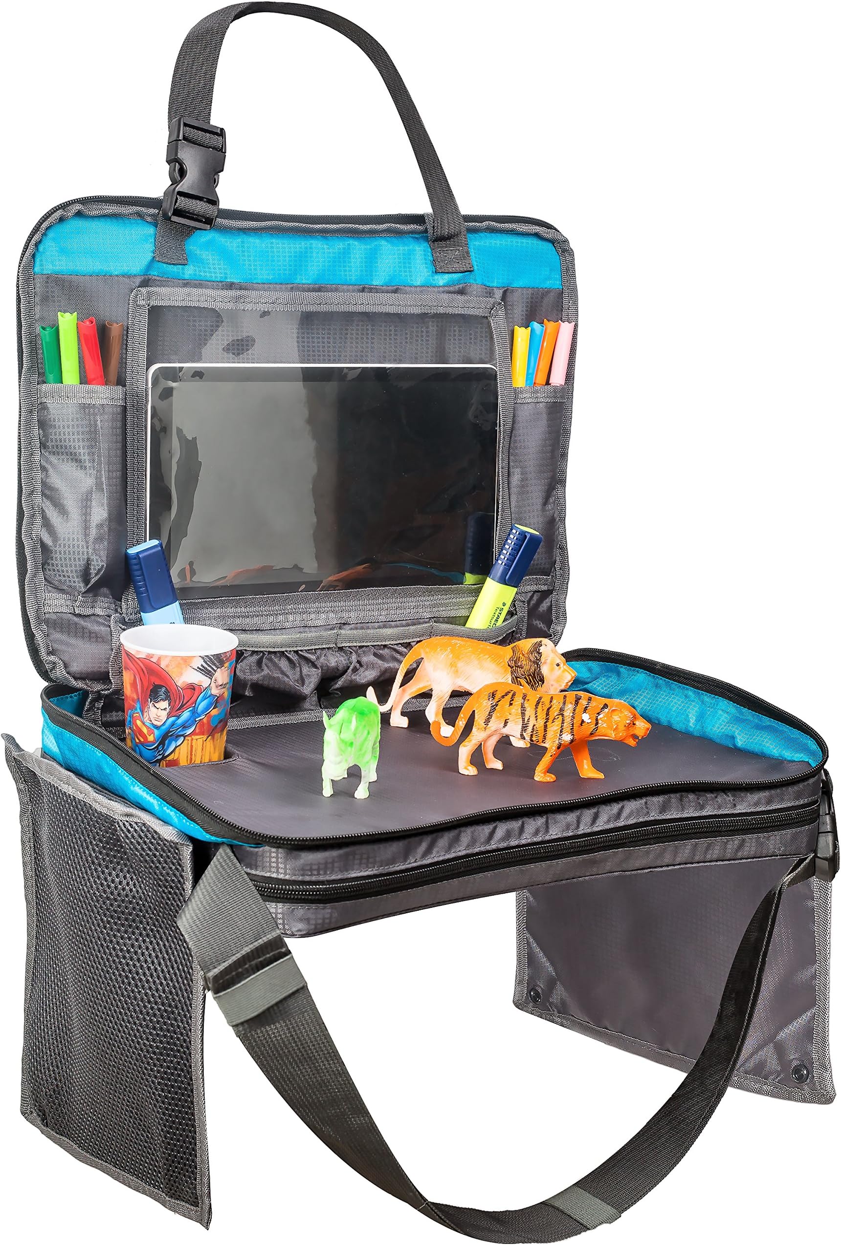 Kids Travel Tray Backseat Car Organizer Case Snack and Play Desk with Tablet Pocket Fits iPad - Entertainment Center - Holds Cups Snacks Toys - Zips Up to Carry With You