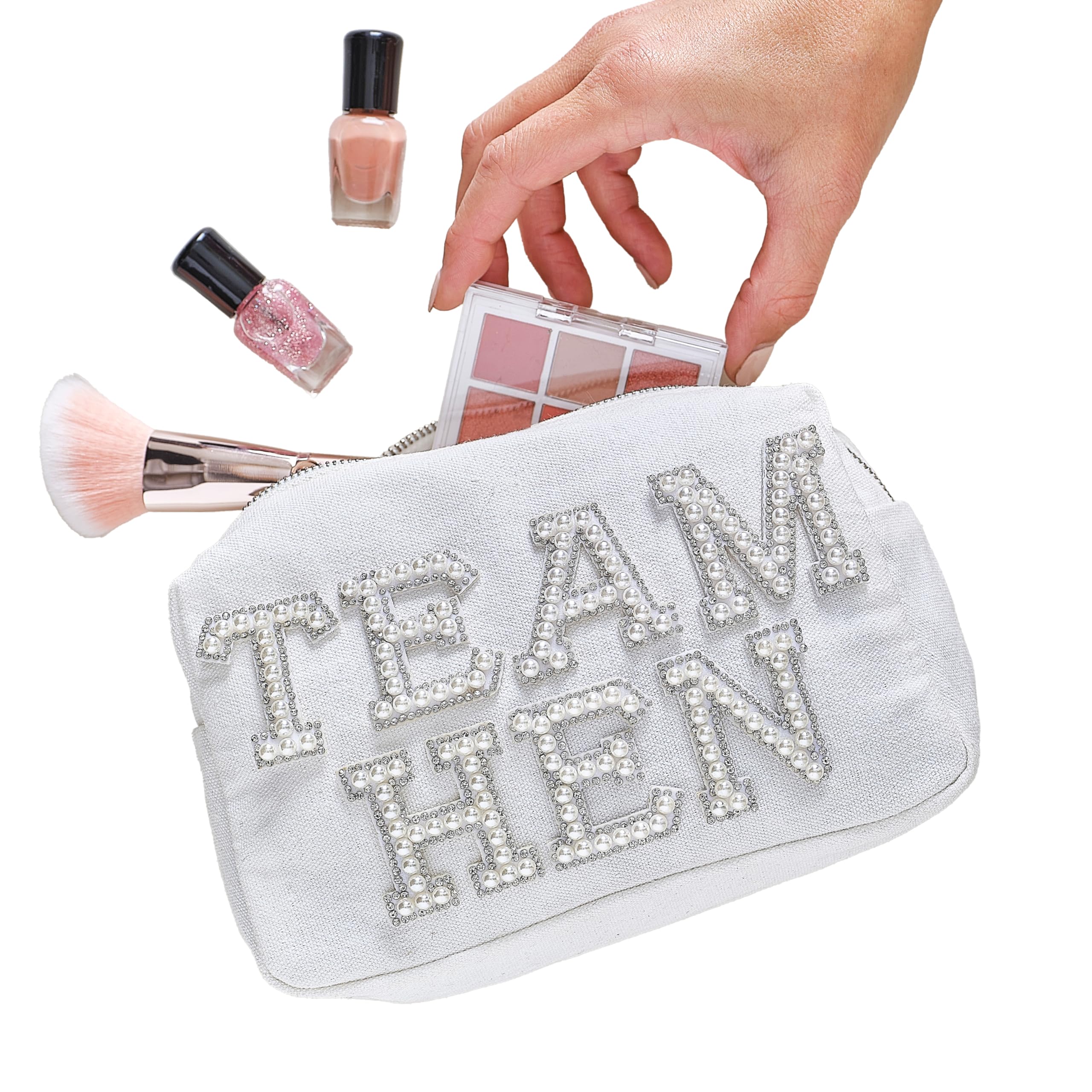 Ginger Ray Embellished Faux Pearls Team Hen Make-up Cosmetic Bag Hen Party Accessory 20cm x 12cm, White — image 1