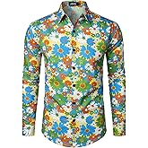JOGAL Mens 70s Floral Dress Shirt Long Sleeve Printed Casual Button Down Shirts