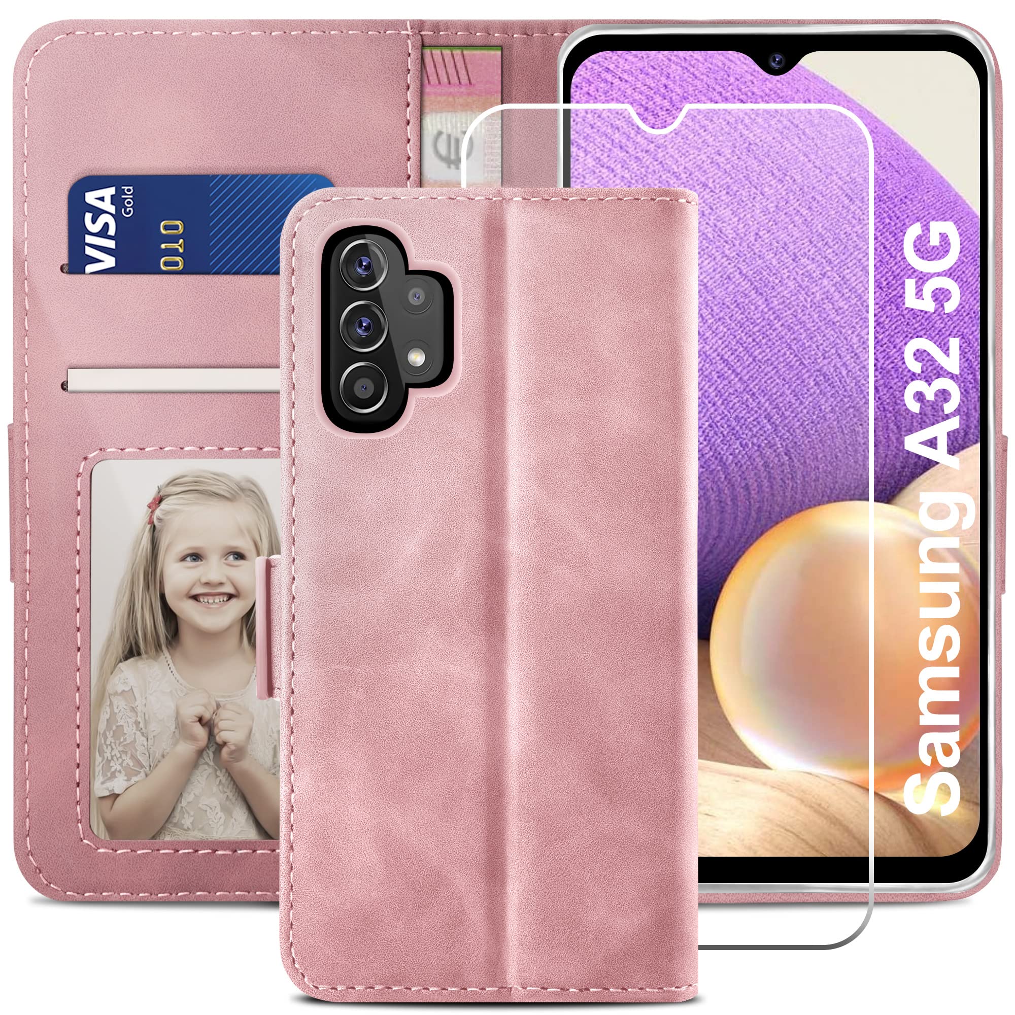 YATWIN Compatible with Samsung Galaxy A32 5G Case, Flip Wallet Leather Case with Tempered Glass Screen Protector and Card Slot Kickstand Phone Cases Cover for Samsung A32 5G - Pink