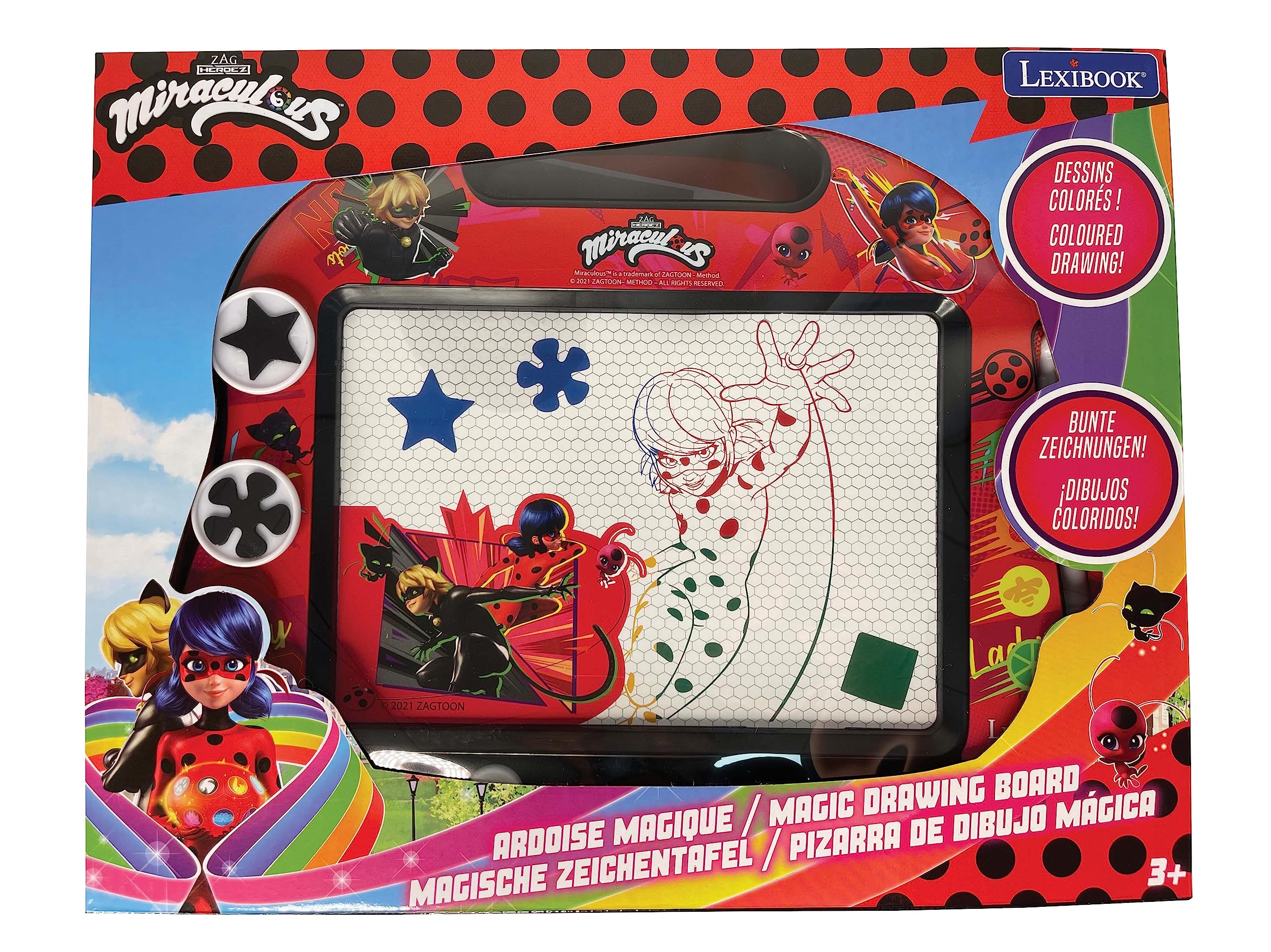 LEXiBOOK, Miraculous Ladybug Cat Noir, Multicolor Magic Magnetic Drawing Board, Artistic Creative Toy for Girls and Boys, Stylus Pen and Stamps, Red/Black, CRMI550