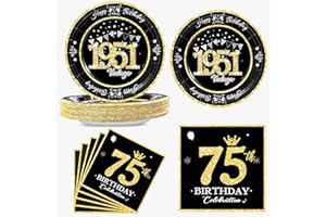 algpty 60 PCS Vintage 1951 Birthday Plates and Napkins Set, 75th Birthday Decorations Black and Gold, Service for 30,75th Bir