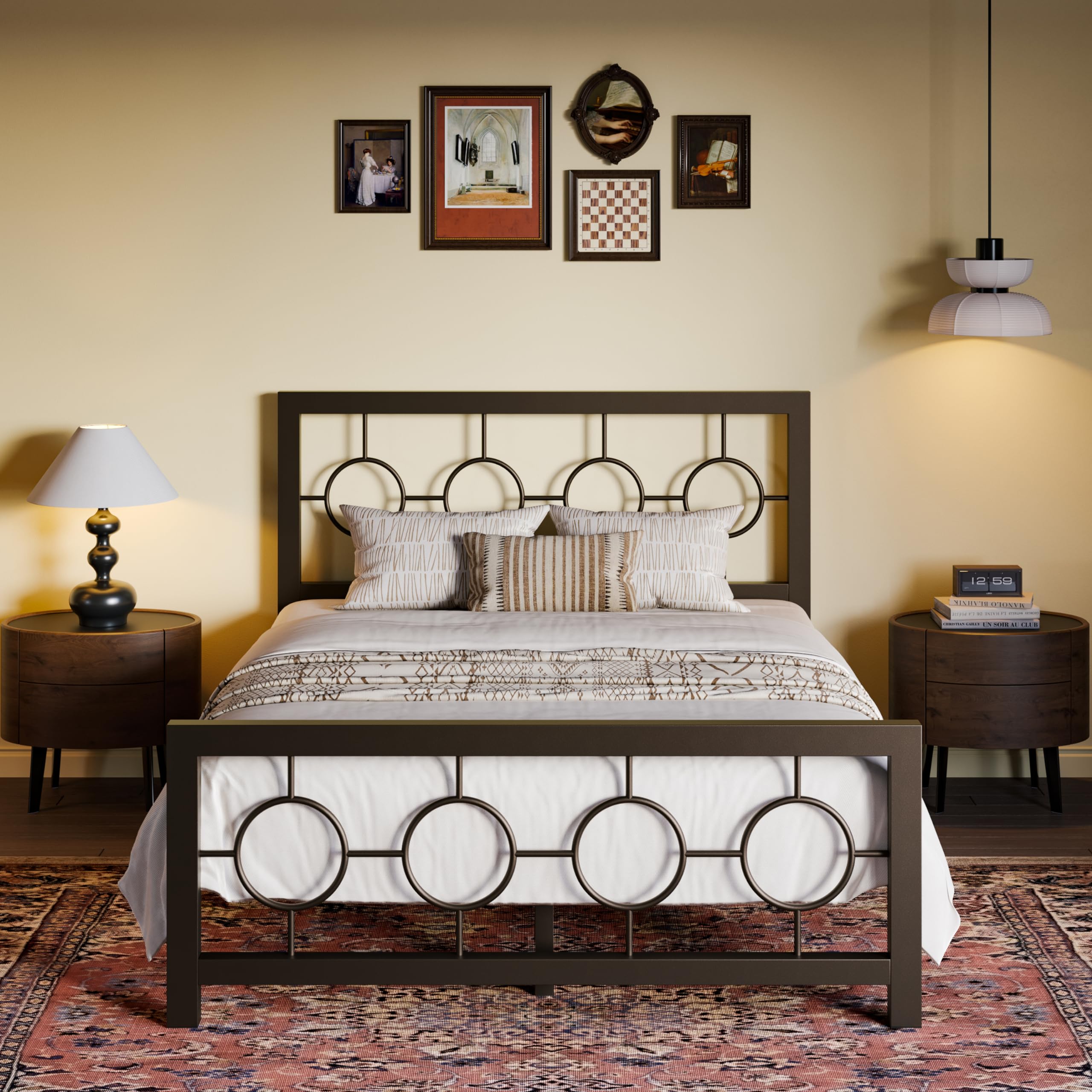 SHA CERLIN Full Size Metal Bed Frame with Vintage Circular Design Headboard and Footboard,No Box Spring Required,Easy Assembly,Noise-Free,Brown Image