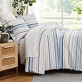 Southshore Fine Living, Inc. 3-Piece Queen Comforter Set, Down Alternative Blue Comforter Full Size with 2 Pillow Shams, Microfiber Bedding Set, Full or Queen Bed, Coastal Stripes Blue