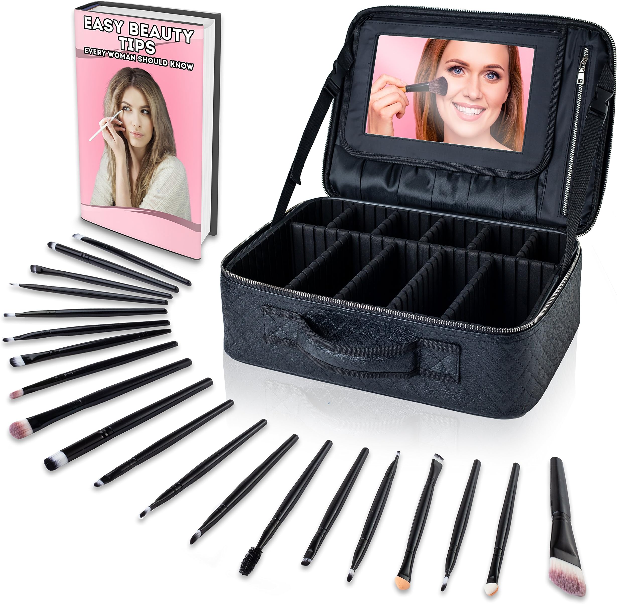 Large Makeup Bag Organizer + Makeup Brush Set – Cosmetic Train Case with Mirror, Waterproof Quilted PU Leather Exterior ,Adjustable Dividers, Zipper Pocket, Brush Pouches – Portable Travel Makeup Case + 20 Makeup Brushes by Camoone, Black