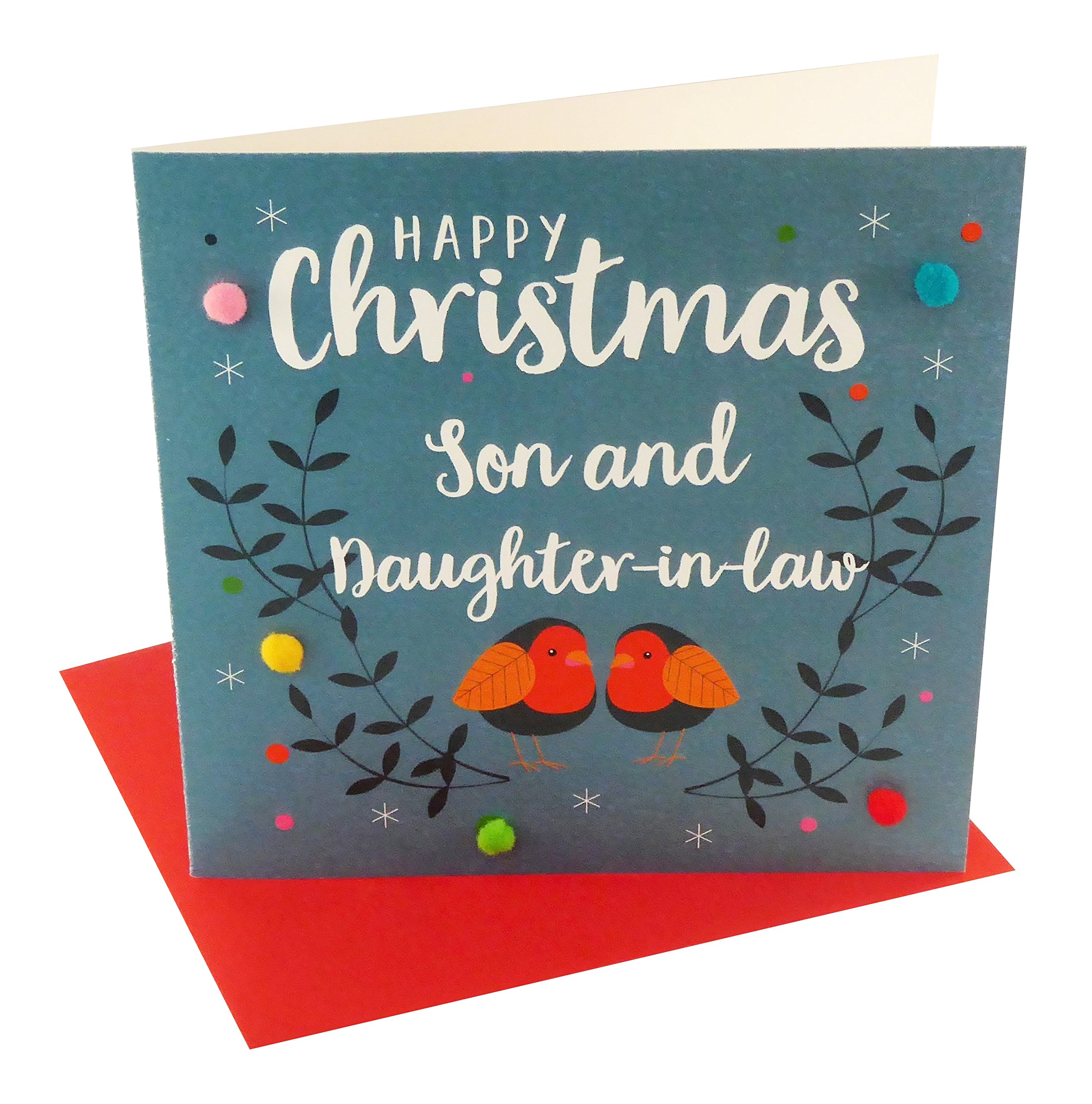 Claire Giles Greeting Cards, Happy Christmas Son and Daughter-in-Law Card, Robins Design Xmas Greeting Card, Embellished with Colourful Pompoms