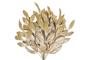 WINLYN 20 Pieces Gold Glittered Artificial Leaf Spray Picks 12" Tall for Christmas Winter Wedding Wreath Tree Swag Floral Arrangment Vase Bouquets Table Centerpieces Decoration