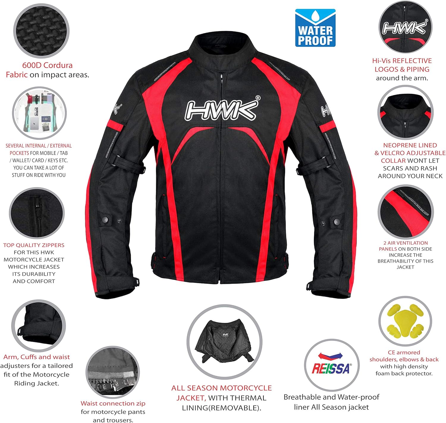Motorcycle Jacket Men's Riding HWK Textile Racing Motorbike Hi-Vis Biker CE Armored Waterproof Jackets (Red, M): Automotive