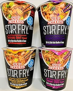 Nissin Cup Noodles Stir Fry Variety 4 Pack: Teriyaki Beef, Teriyaki Chicken, Hot Garlic Chicken, Sweet Chili