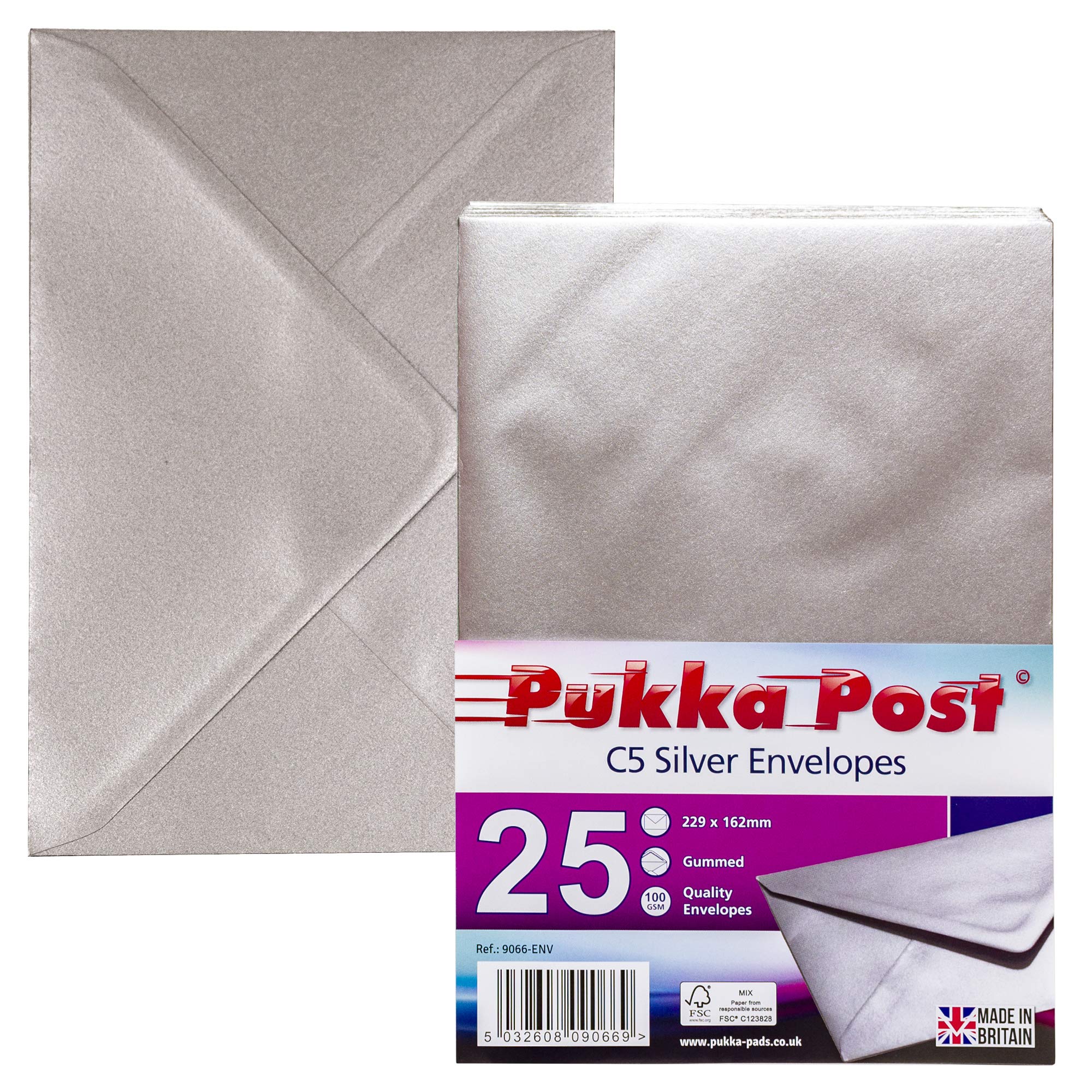 Pukka Pad, Pukka Post & Packaging Gummed Envelopes - Pack of 25, Ready-to-Seal, Durable 100GSM Postal Envelopes for Letters, Invitations, and Other Mail - 229 x 162 mm, Size C5, Silver