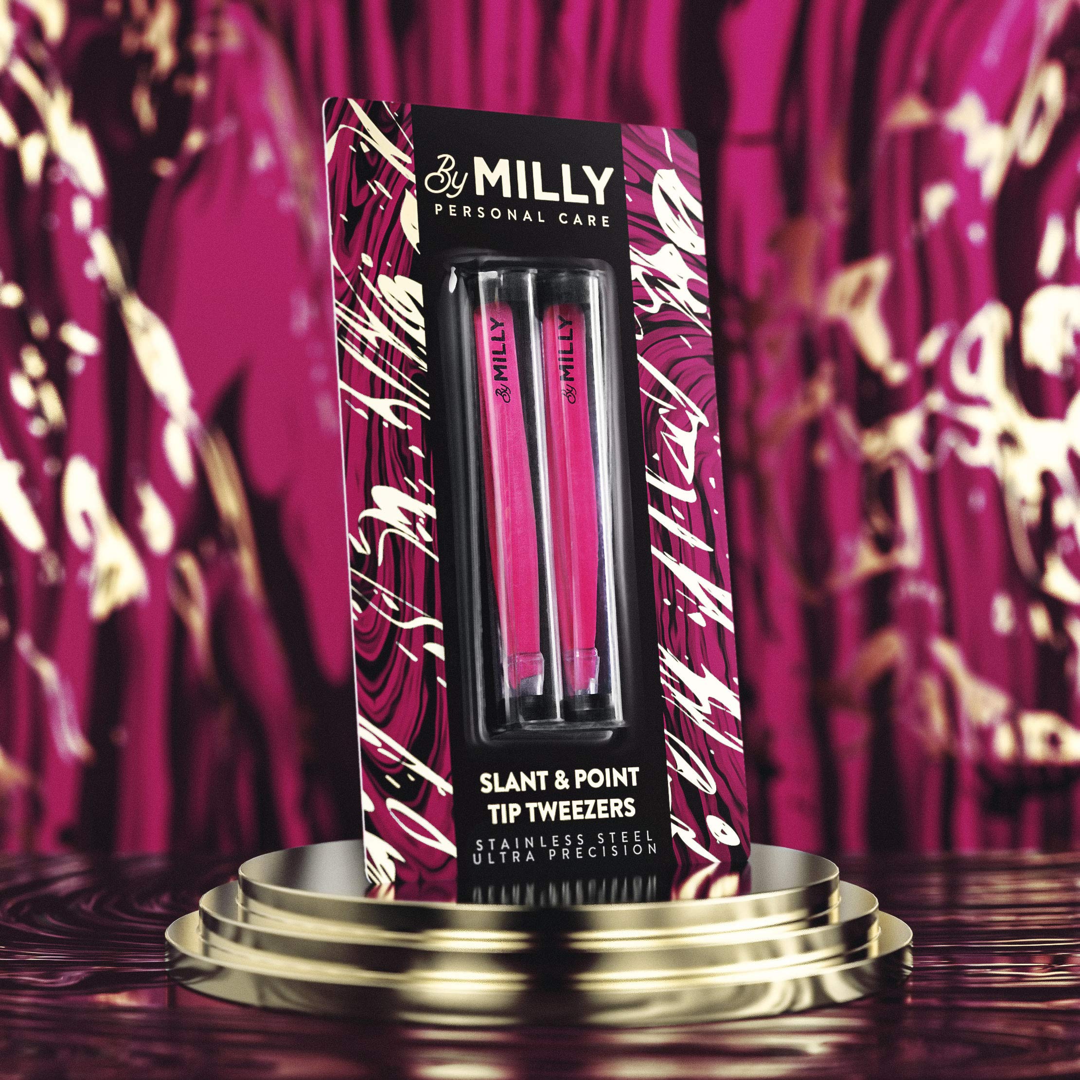 By MILLY Precision Tweezers Set | Slanted and Pointed Tip Tweezers Kit | High Carbon Stainless Steel | Aligned & Hand-Filed Tweezer Set Professional | Hair Removal & Eyebrow Tweezer Set | Pink